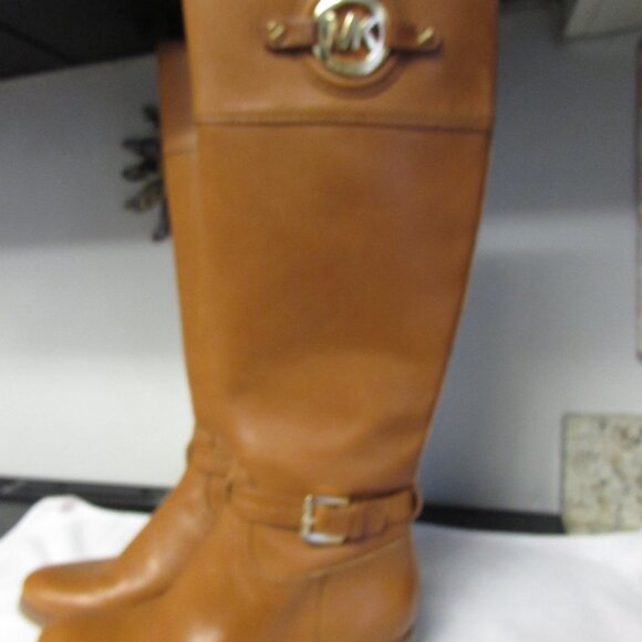 MICHAEL KORS Stockard Cognac Leather Tall Riding Boot Gold MK Sz 5.5 - Picture 4 of 16